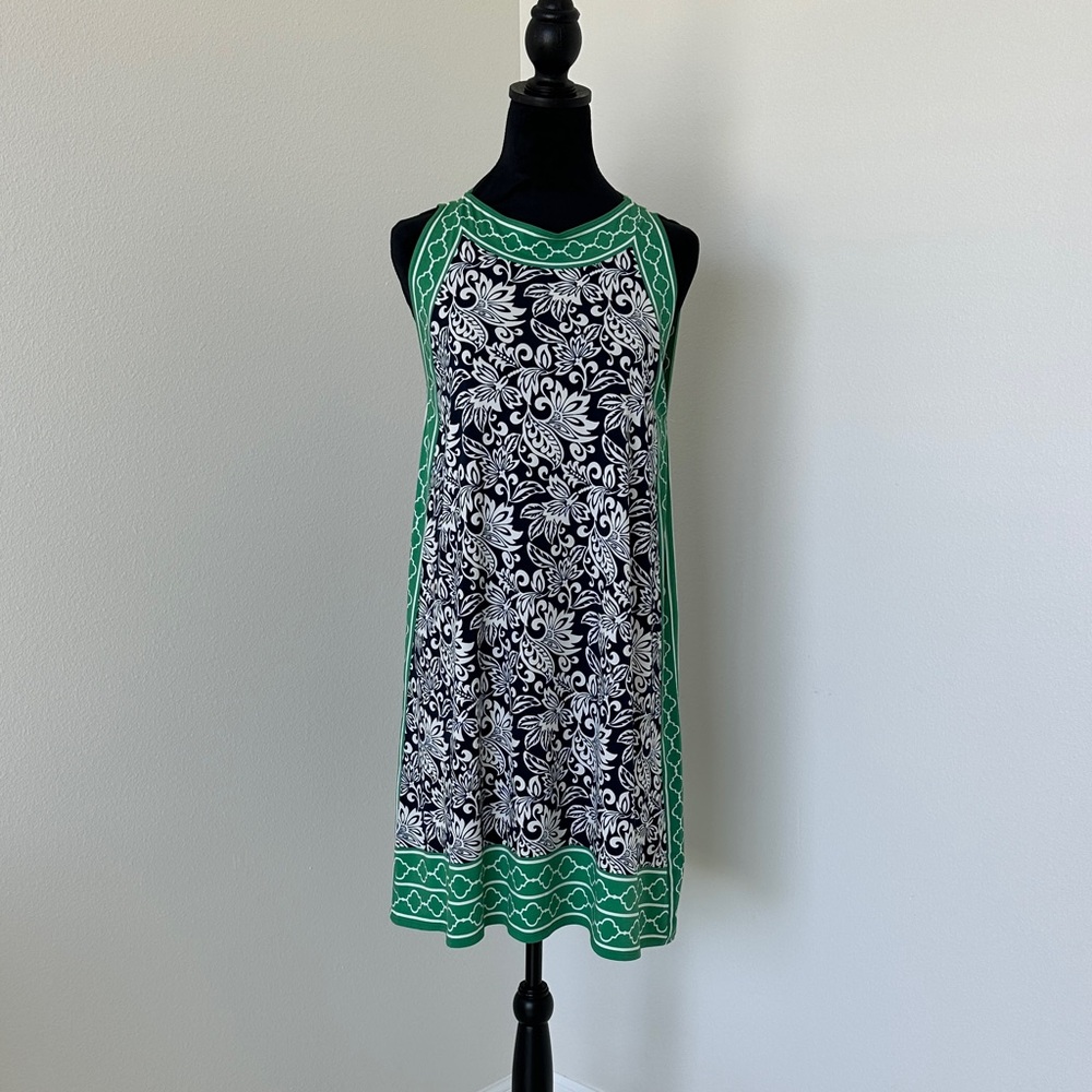 Floral Navy Blue and White Dress with Green Accents